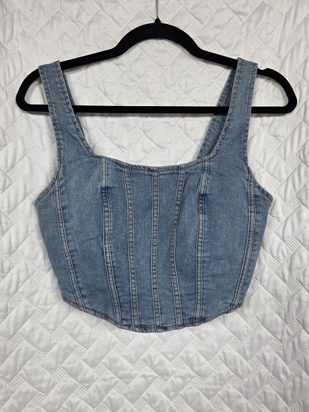 Essnce Square Neck Denim Corset Crop Top Light Wash Stretchy